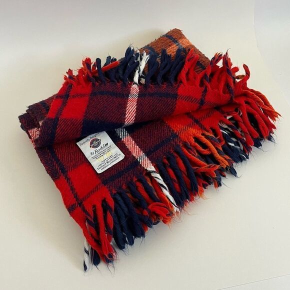 Vintage Faribo Red Plaid Blanket Throw Fringe Faribault Woolen Mill Made In USA - Picture 2 of 10